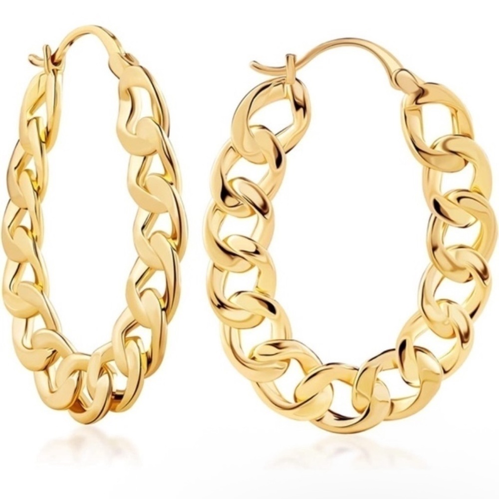 18k Gold Plated Link Chain Hoop Earrings - Picture 3 of 3